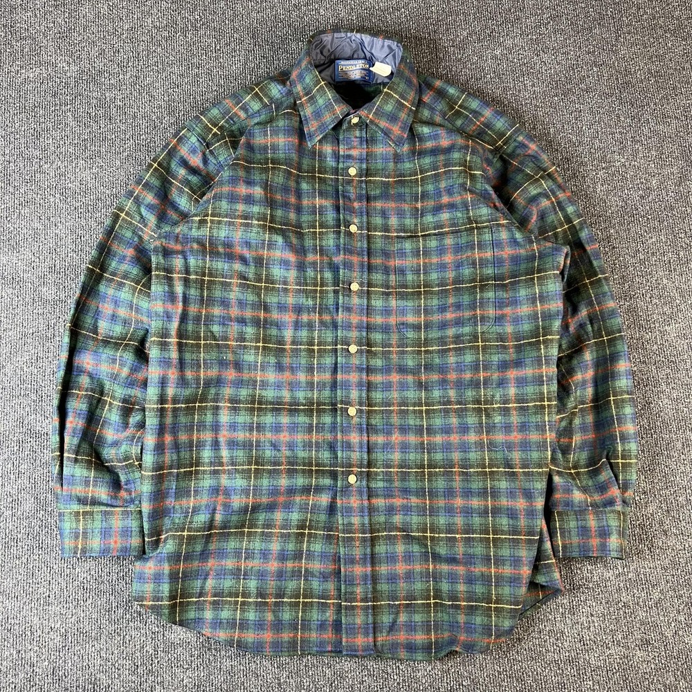 Vintage Pendleton Shirt Mens Large Green Wool Plaid Flannel Made USA 80s 90s